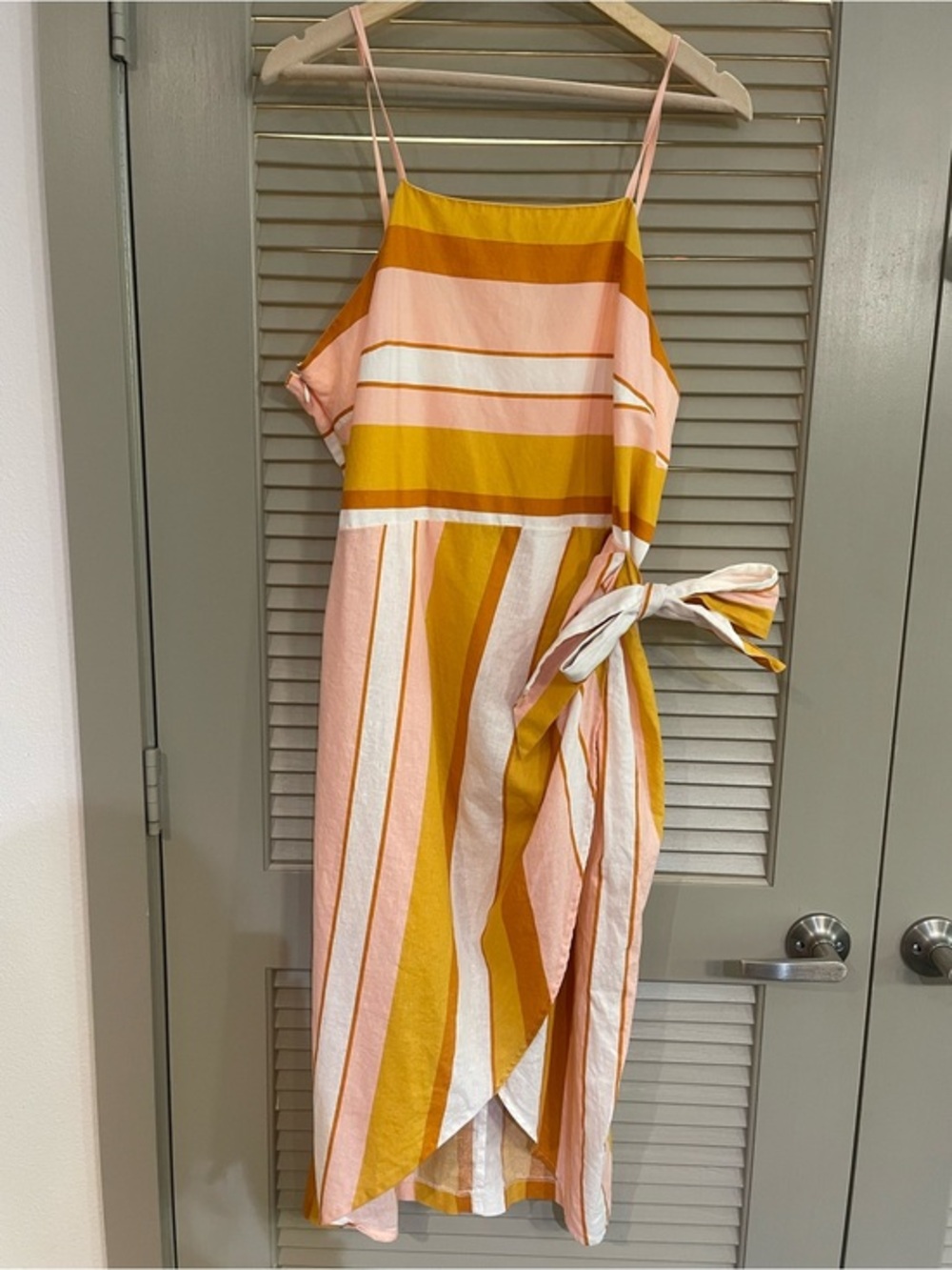 Express Striped Pink and Mustard Faux Wrap Midi Dress